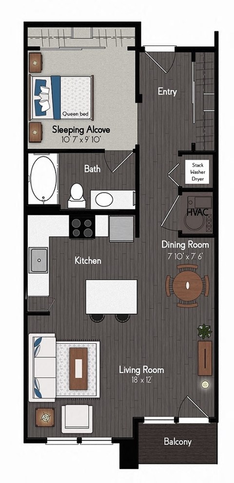 Floor plan for 1 bed, 1 bath, 739 sqft